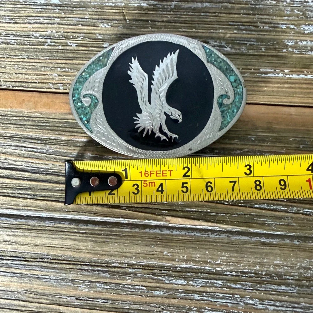 Vintage Western Eagle Belt Buckle Turquoise Chip Inlay Black Onyx Style Oval